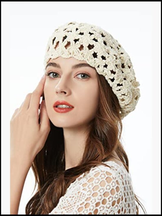 Handmade Crochet Slouchy Beanie and Beret Hat Cutout Floral Knit Skull Cap